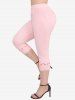 Rose Flower Print Ruched Ruffles Top and Hollow Out Lace Trim Capri Leggings Plus Size Summer Outfit -  