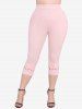 Rose Flower Print Ruched Ruffles Top and Hollow Out Lace Trim Capri Leggings Plus Size Summer Outfit -  