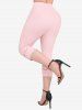 Rose Flower Print Ruched Ruffles Top and Hollow Out Lace Trim Capri Leggings Plus Size Summer Outfit -  