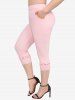 Rose Flower Print Ruched Ruffles Top and Hollow Out Lace Trim Capri Leggings Plus Size Summer Outfit -  