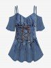 Lace Up Ruched Corset Denim 3D Print Cold Shoulder T-shirt and Flare Pants Plus Size 70s 80s Outfit -  