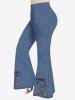Lace Up Ruched Corset Denim 3D Print Cold Shoulder T-shirt and Flare Pants Plus Size 70s 80s Outfit -  