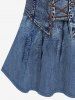 Lace Up Ruched Corset Denim 3D Print Cold Shoulder T-shirt and Flare Pants Plus Size 70s 80s Outfit -  