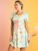 Sunflower Print Lace Up Ruffles Short Sleeve Vintage Mini Milkmaid Dress -  