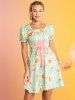 Sunflower Print Lace Up Ruffles Short Sleeve Vintage Mini Milkmaid Dress -  