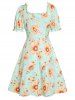 Sunflower Print Lace Up Ruffles Short Sleeve Vintage Mini Milkmaid Dress -  