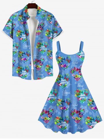 Flower Heart Letters Print Dress and Button Pocket Shirt Plus Size Matching Hawaii Beach Outfit For Couples - BLUE