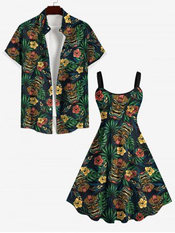 Tiki Mask Palm Leaf Hibiscus Flowers Print Plus Size Matching Hawaii Beach Outfit For Couples