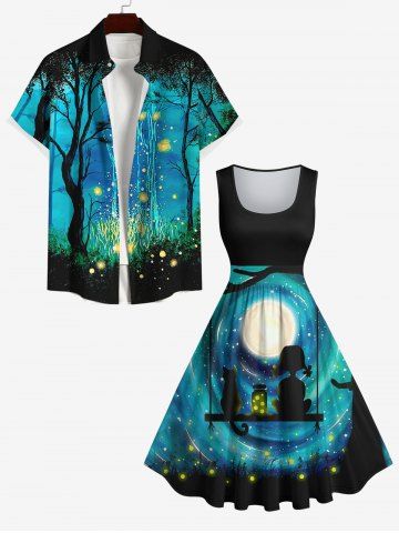Galaxy Moon Cat Girl Swing Firefly Glitter 3D Print Plus Size Matching Outfit For Couples - BLACK
