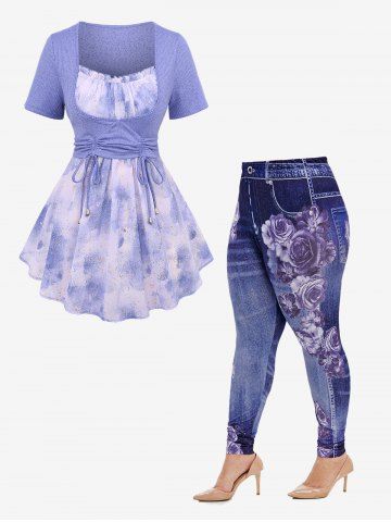 Tie Dye Colorblock Hot Stamping Cami Top and Cinched Textured T-shirt and High Rise Flower Gym 3D Jeggings Plus Size Summer Outfit - PURPLE
