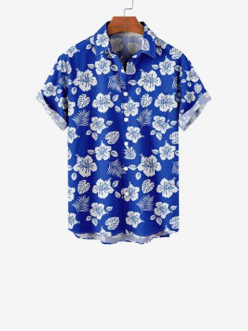 Chemise Feuille Fleur et Noix de Coco Imprimés Hawaï avec Poche Boutonnée - BLUE - 160
