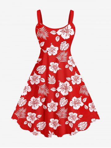 Plus Size Flower Coconut Leaves Print Hawaii Backless A Line Tank Dress - RED - XS