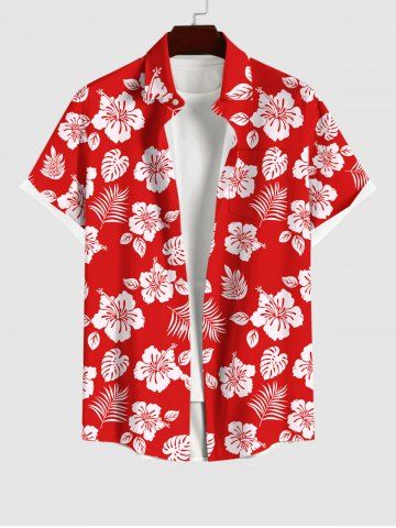 Plus Size Flower Coconut Leaves Print Hawaii Button Pocket Shirt For Men - RED - S