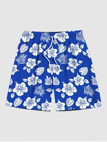 Plus Size Flower Coconut Leaves Print Hawaii Pocket Beach Shorts For Men - BLUE - XL