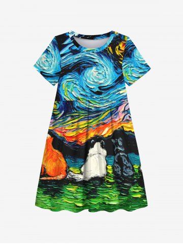 Kid's Oil Painting Swirls Dog Cat Grassland Mountains Print Dress - MULTI-A - 150