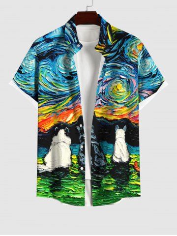 Plus Size Oil Painting Swirls Dog Cat Grassland Mountains Print Buttons Pocket Shirt For Men