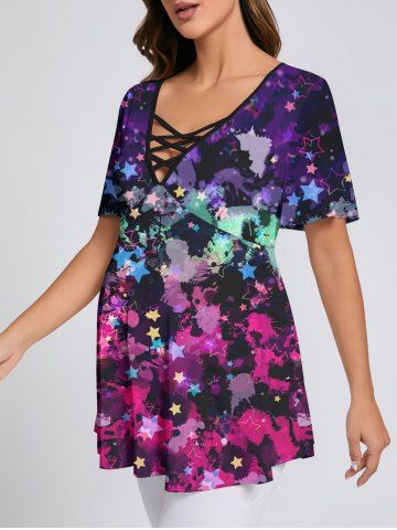Plus Size Paint Splatter Star Print Crisscross Lattice Flare Sleeve Maternity T-shirt - MULTI-A - XS