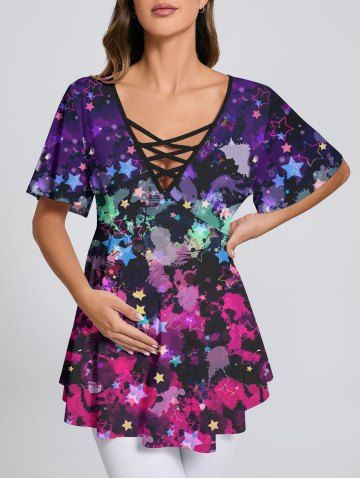 Plus Size Paint Splatter Star Print Crisscross Lattice Flare Sleeve Maternity T-shirt - MULTI-A - S