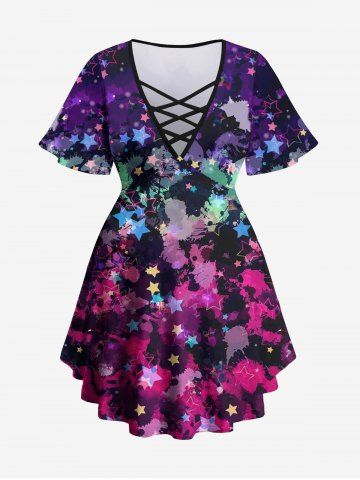 Plus Size Paint Splatter Star Print Crisscross Lattice Flare Sleeve Maternity T-shirt