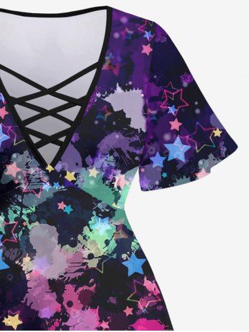 Plus Size Paint Splatter Star Print Crisscross Lattice Flare Sleeve Maternity T-shirt