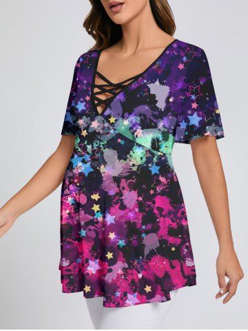 Plus Size Paint Splatter Star Print Crisscross Lattice Flare Sleeve Maternity T-shirt