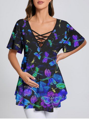 Plus Size Flower Dragonfly Print Printed Lattice Crisscross Flare Sleeve Maternity T-shirt - MULTI-A - 2X