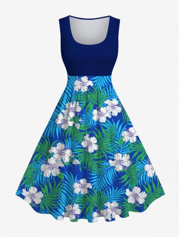 Plus Size Coconut Leaves Flower Print Hawaii 1950s Vintage Swing A Line Dress - BLUE - S