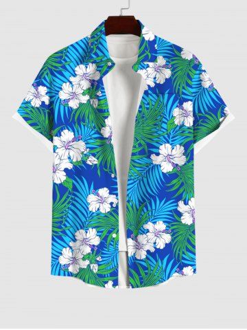 Plus Size Coconut Leaves Flower Print Hawaii Button Pocket Shirt For Men - BLUE - S