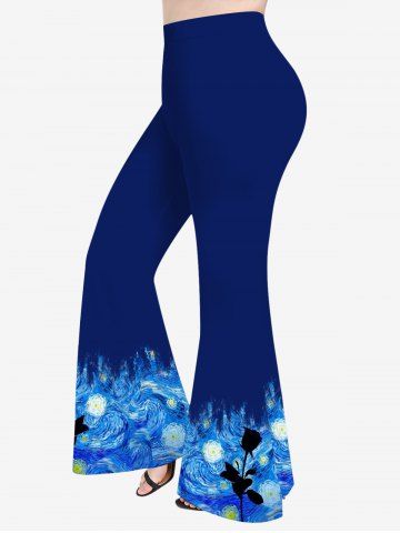 Pantalon Évasé à Imprimé Peinture de Rose Spirale Grande-Taille - SKY BLUE - XS