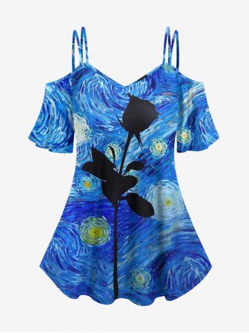 Plus Size Cold Shoulder Spiral Painting Rose Flower Print Cami T-shirt - SKY BLUE - XS