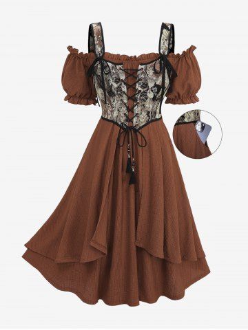 Plus Size Medieval Renaissance Cat Print Corset Lace Up Tassel Ruffles Pocket Cold Shoulder 2 In 1 Dress Halloween Tavern Wench Costume - COFFEE - 1X | US 14-16