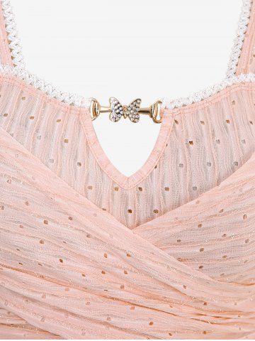 Plus Size Flutter Sleeve Butterfly Decor Crossover Bust Pointelle Hollow Out Solid Top