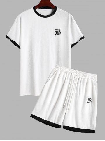 Men's Matching Two Piece Co Ord Terry Cloth Toweling Embroidered Crew Neck Short Sleeves T-shirt and Drawstring Casual Shorts Set - CRYSTAL CREAM - S