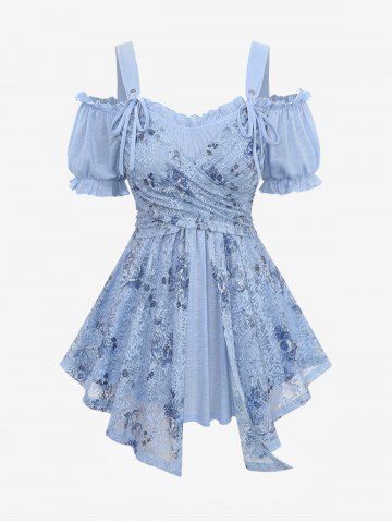 Plus Size Cold Shoulder Puff Sleeves Gilding Rose Flower Lace Overlay Layered Crossover Top