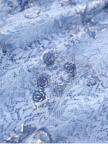 Plus Size Cold Shoulder Puff Sleeves Gilding Rose Flower Lace Overlay Layered Crossover Top