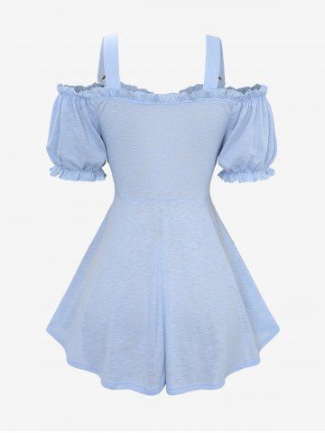 Plus Size Cold Shoulder Puff Sleeves Gilding Rose Flower Lace Overlay Layered Crossover Top