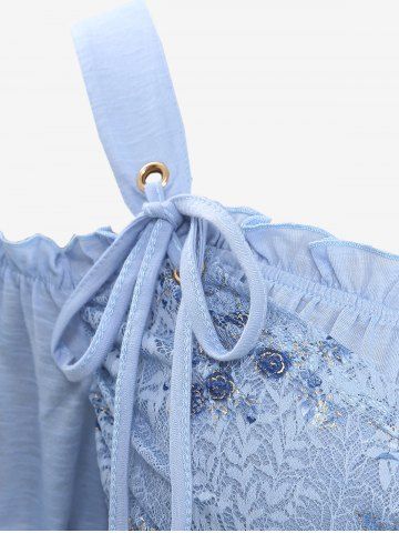 Plus Size Cold Shoulder Puff Sleeves Gilding Rose Flower Lace Overlay Layered Crossover Top