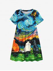 Kid's Oil Painting Swirls Dog Cat Grassland Mountains Print Dress -  
