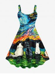 Plus Size Oil Painting Swirls Dog Cat Grassland Mountains Print Tank Dress -  