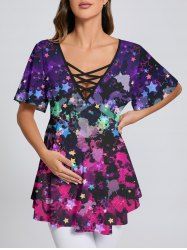 Plus Size Paint Splatter Star Print Crisscross Lattice Flare Sleeve Maternity T-shirt -  