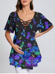 Plus Size Flower Dragonfly Print Printed Lattice Crisscross Flare Sleeve Maternity T-shirt -  