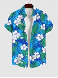 Plus Size Coconut Leaves Flower Print Hawaii Button Pocket Shirt For Men -  