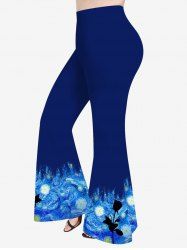 Pantalon Évasé à Imprimé Peinture de Rose Spirale Grande-Taille - Bleu Ciel M