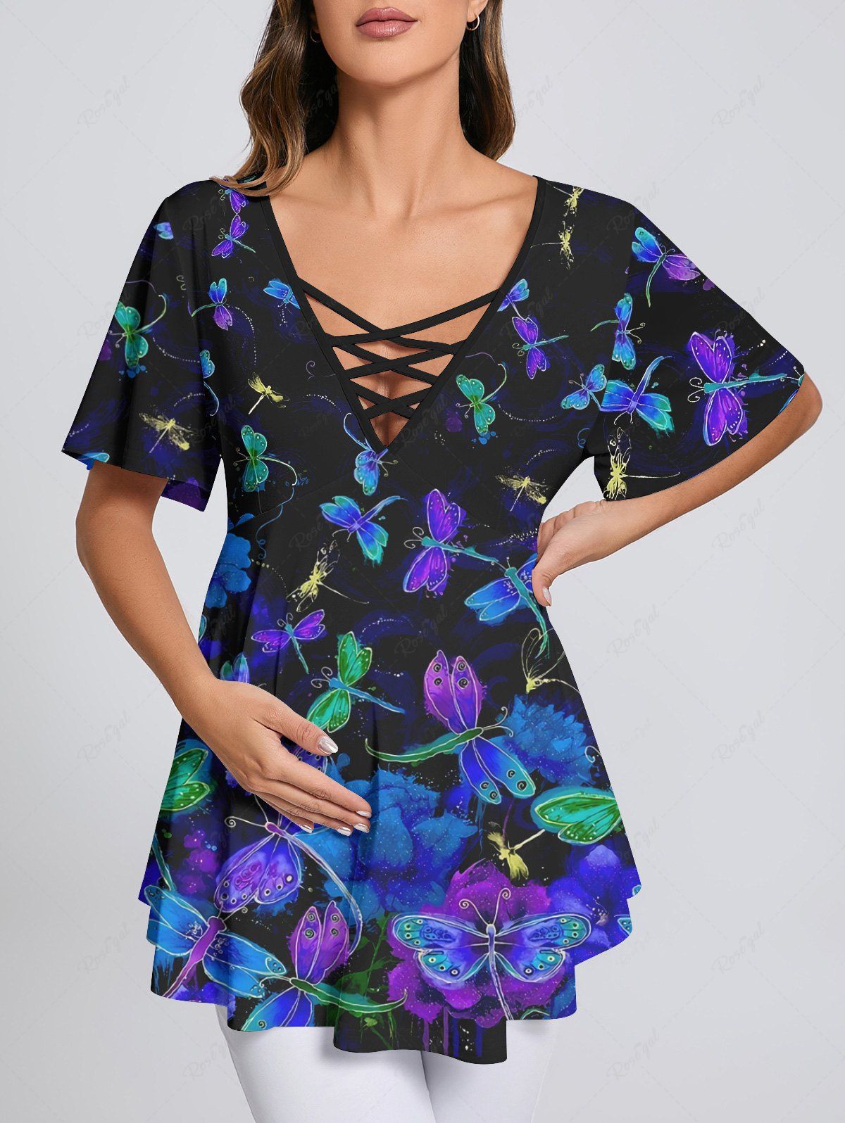Fancy Plus Size Flower Dragonfly Print Printed Lattice Crisscross Flare Sleeve Maternity T-shirt  