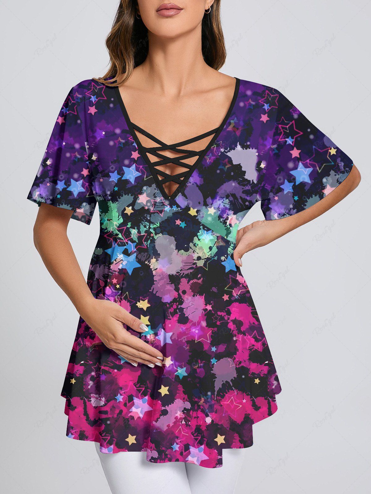 Best Plus Size Paint Splatter Star Print Crisscross Lattice Flare Sleeve Maternity T-shirt  
