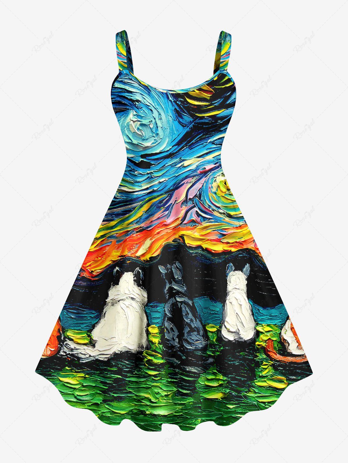 Sale Plus Size Oil Painting Swirls Dog Cat Grassland Mountains Print Tank Dress  