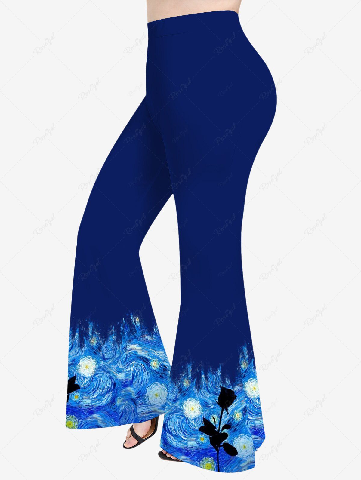 Pantalon Évasé à Imprimé Peinture de Rose Spirale Grande-Taille Bleu Ciel M