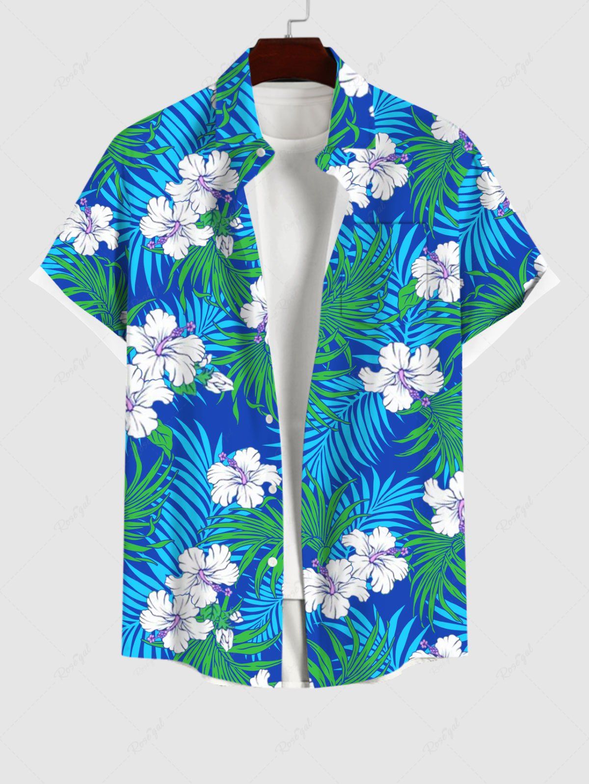 Discount Plus Size Coconut Leaves Flower Print Hawaii Button Pocket Shirt For Men  