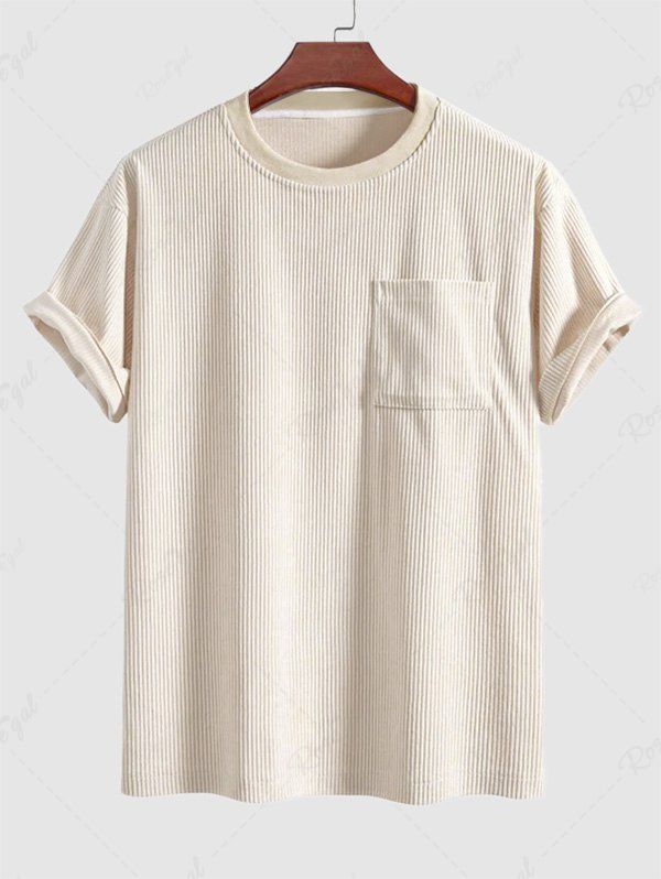 Outfit Men's Solid Color Crew Neck Short Sleeves Corduroy Front Pocket Design T-shirt  