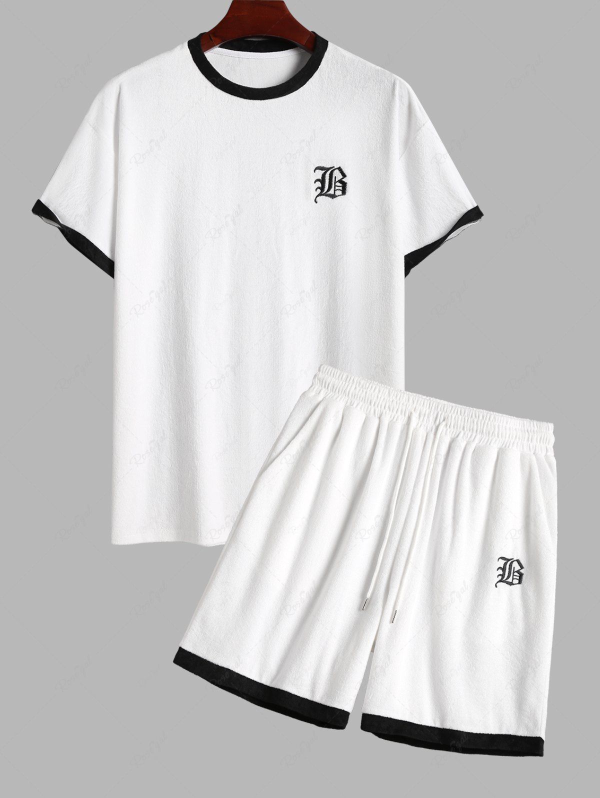 Fashion Men's Matching Two Piece Co Ord Terry Cloth Toweling Embroidered Crew Neck Short Sleeves T-shirt and Drawstring Casual Shorts Set  